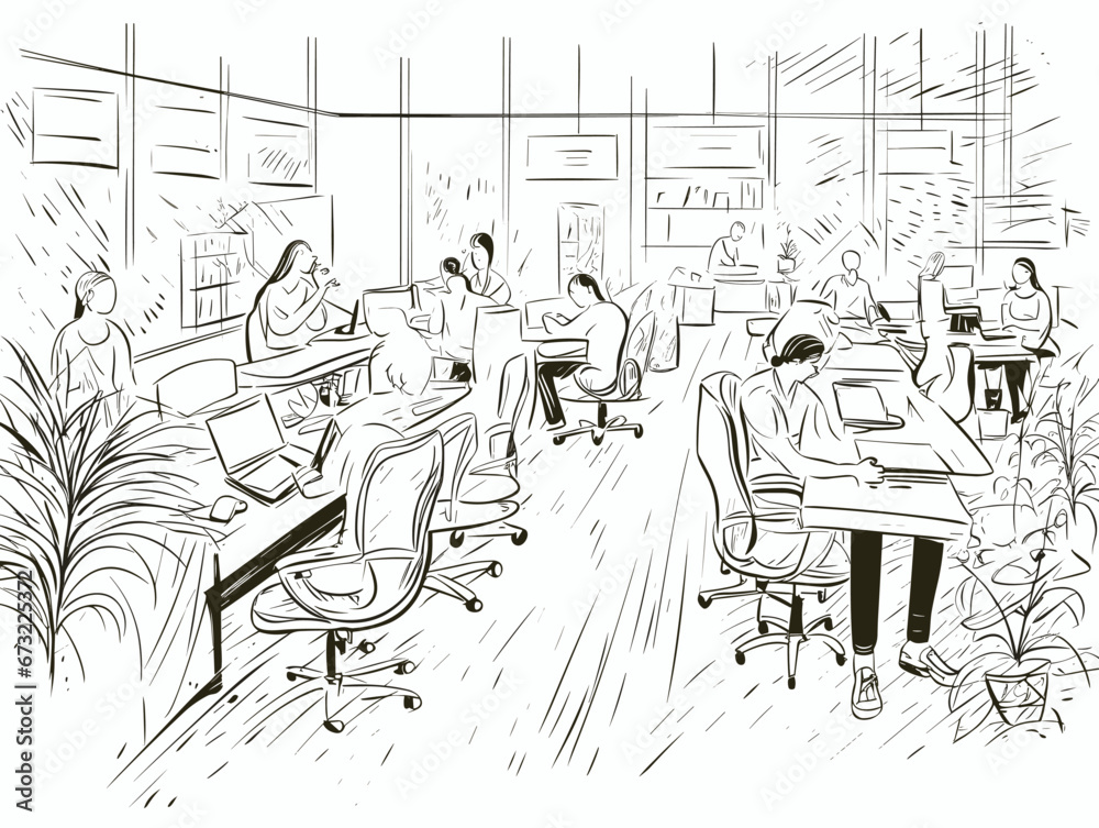 Drawing of working at coworking space illustration separated, sweeping overdrawn lines.