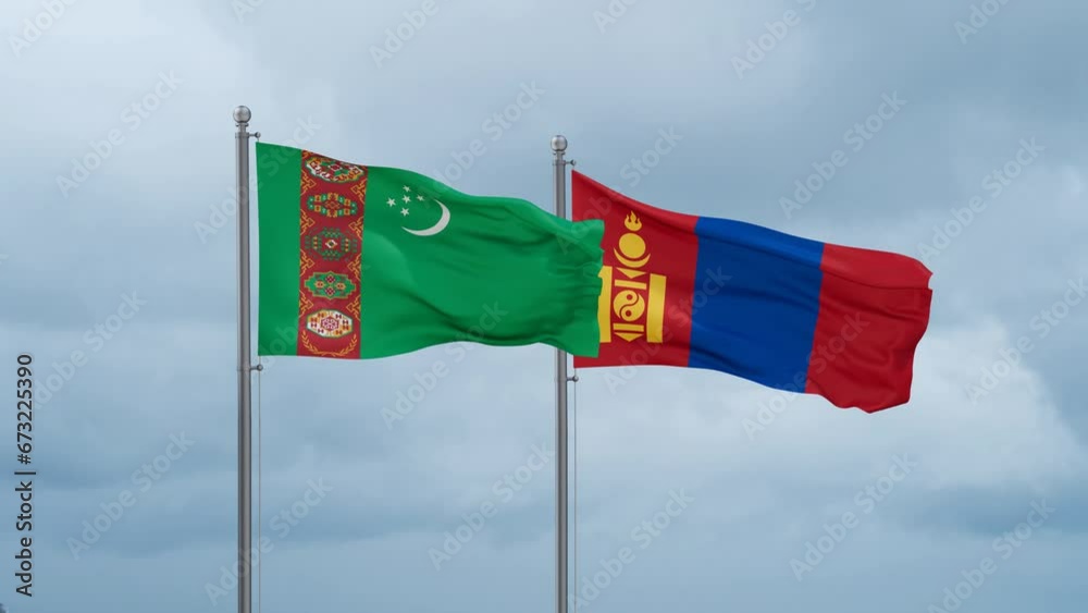 Mongolia and Turkmenistan flag waving together on cloudy sky, endless seamless loop, two country cooperation concept Mongolia and Turkmenistan flag waving together on cloudy sky, endless seamless loop, two country cooperation concept