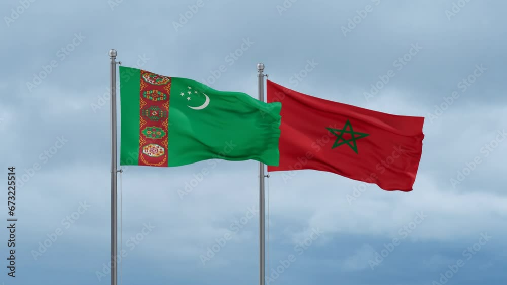Morocco flag and Turkmenistan flag waving together on cloudy sky, endless seamless loop, two country relations concept Morocco flag and Turkmenistan flag waving together on cloudy sky, endless seamless loop, two country relations concept