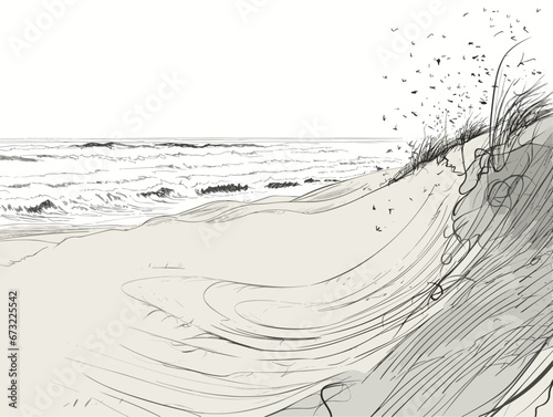 Drawing of worink at beach illustration separated, sweeping overdrawn lines.