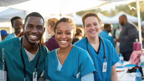 Healthcare professionals in blue scrubs, wearing stethoscopes and ID badges, smile warmly as they stand together in a tented medical setting. photo