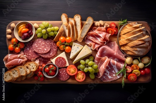 Top view of tasty charcuterie board