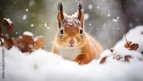 Photo of a squirrel near a tree in a winter forest.