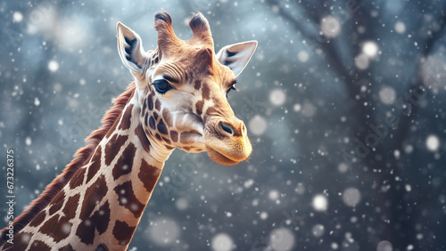 Photo of a giraffe near a tree in a winter forest.