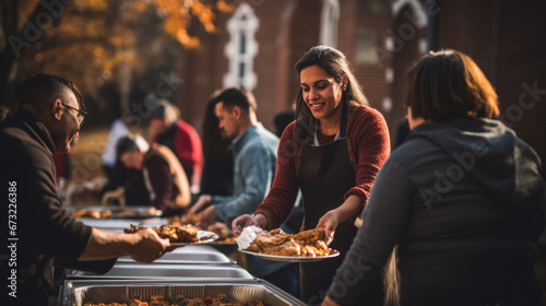 A person smiles while volunteering, handing out food to a diverse community at an outdoor charity event. photo
