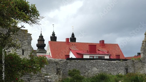 Visby Fortress. Visby medieval city wall, UNESCO World Heritage Site Gotland Sweden. Town on the Swedish island located in the Baltic Sea. Medieval City wall. Popular tourist destination in Sweden. photo