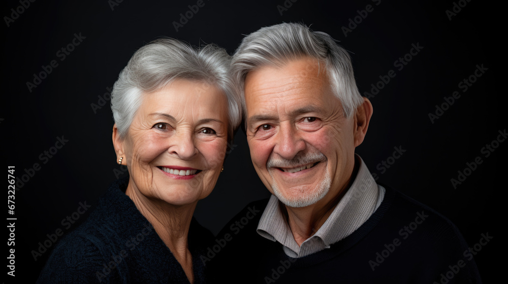 An elderly couple with white hair and glasses smile warmly at the camera against a black background.