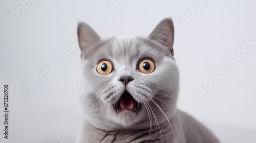 british shorthair lilac cat looking up on an isolated background, copyspace