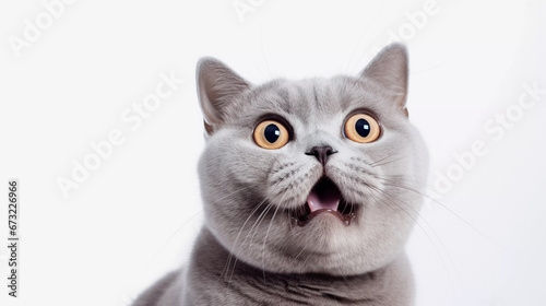 british shorthair lilac cat looking up on an isolated background, copyspace