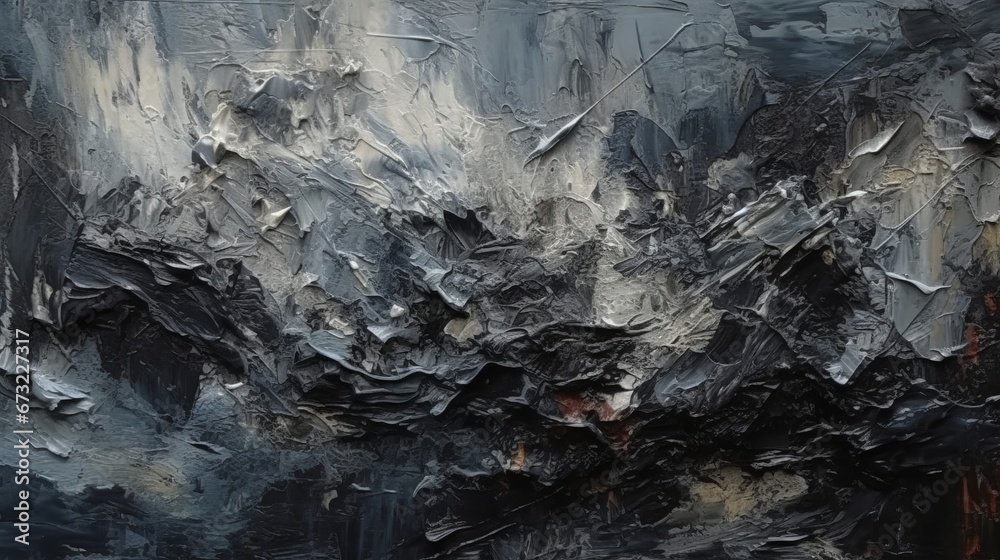 Closeup of abstract rough black gray dark colored art painting texture, with oil brushstroke, pallet knife paint on canvas. Decor concept. Wallpaper concept. Art concept. 3d conceptrt concept. 