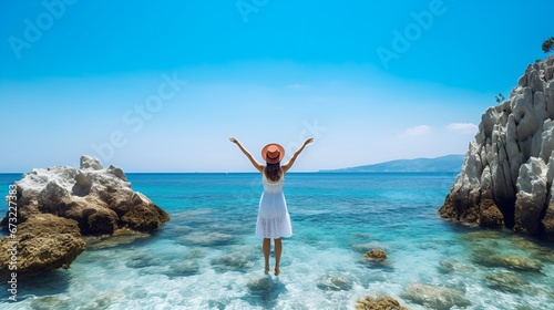 Seaside Bliss, Woman on a Rock in the Sea, Creating a Relaxing Summer Background