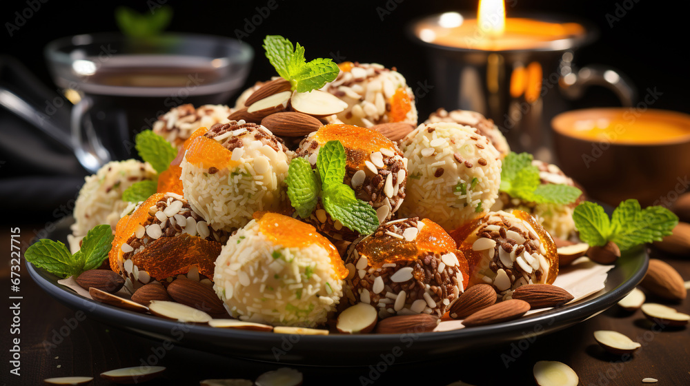 Delicious Apricot Coconut and Pistachio Energy Balls in Plate on Blurry Background Delicious Apricot Coconut and Pistachio Energy Balls in Plate on Blurry Background