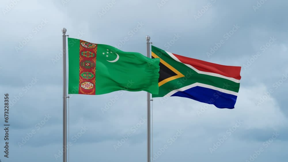 Republic of South Africa and Turkmenistan flag waving together on cloudy sky, endless seamless loop, two country cooperation concept Republic of South Africa and Turkmenistan flag waving together on cloudy sky, endless seamless loop, two country cooperation concept