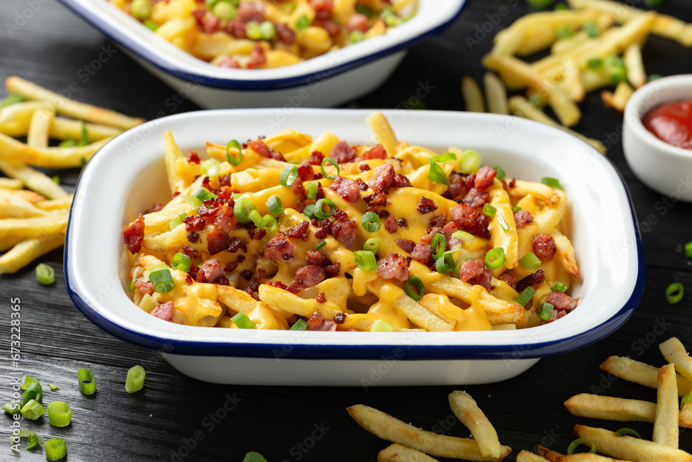 Crispy French fries loaded with bacon, cheese sauce and spring onion Crispy French fries loaded with bacon, cheese sauce and spring onion