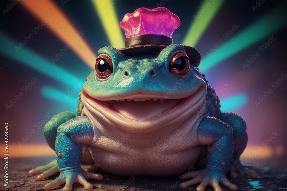 a vertical shot of a frog in a hat with a bow - tie and a pink bow - ties vertical shot of a frog in a hat with a bow - tie and a pink bow - tie3 d render of a cute frog in a pink cylinder hat - obrazy, fototapety, plakaty 