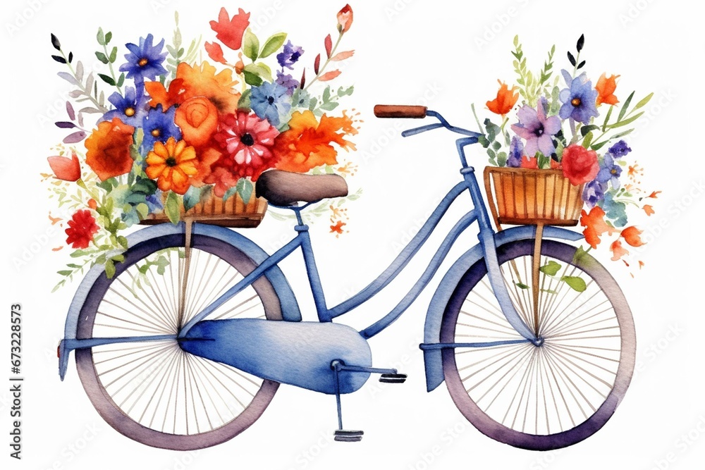 Illustration of a charming bicycle adorned with colorful watercolor flowers. Generative AI