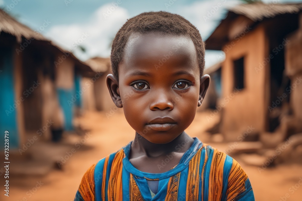 young african american boy with blue eyes standing at the rural village of sovo in the evening young african american boy with blue eyes standing at the rural village of sovo in the evening portrait o - obrazy, fototapety, plakaty 