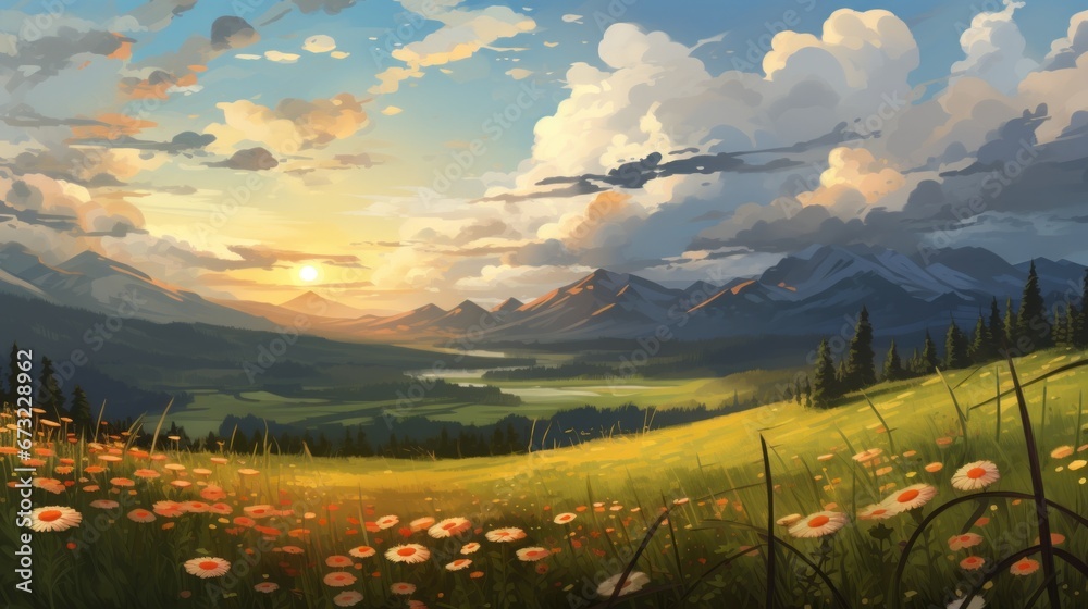 Beautiful landscape background. Cartoon summer sunrise with clouds, field and sunshine. Anime style