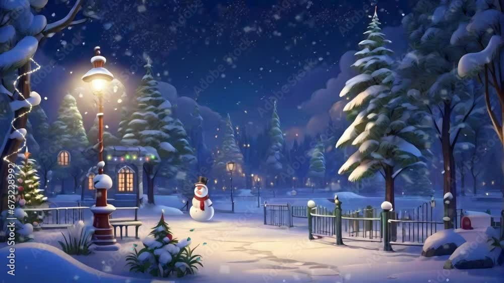 christmas tree in the snowy night, seamless looping video animated background