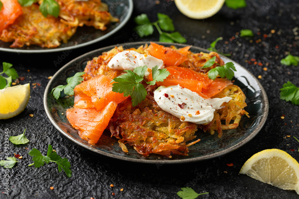 Potato rosti with smoked salmon and soft cheese. Potato rosti with smoked salmon and soft cheese.