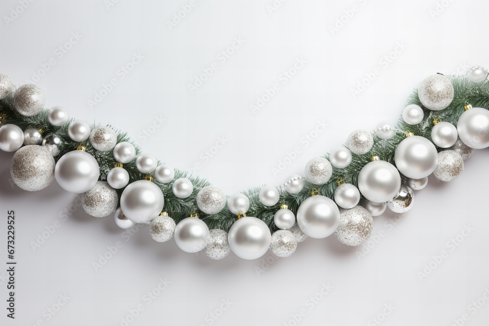 Obraz premium festive christmas tree garland with shiny ornaments border on a white background