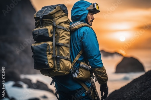 young traveler man with backpack on the beach young traveler man with backpack on the beach male traveler with backpack standing on top of mountains