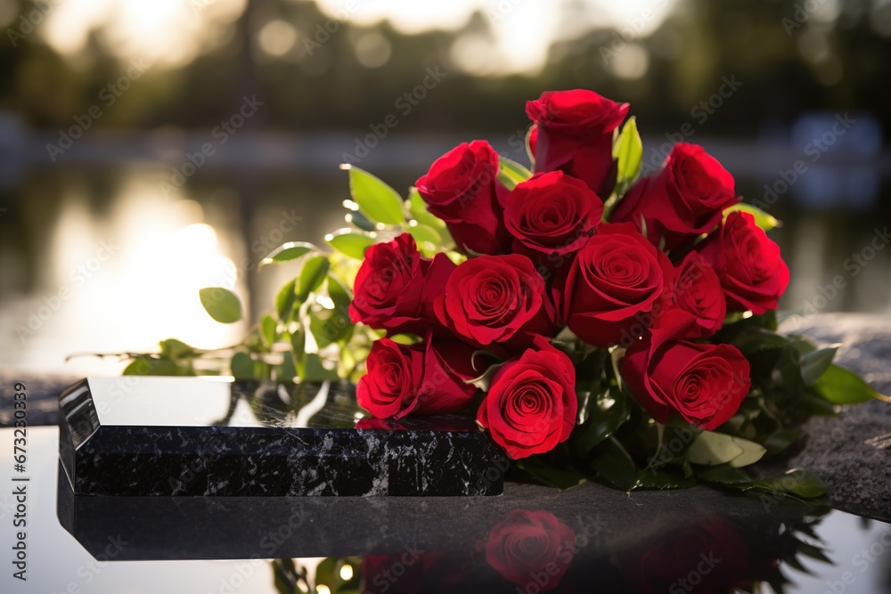 Obraz premium Red roses on black granite tombstone in the park, funeral concept