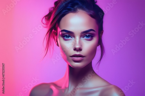 portrait of beautiful girl with pink lips in neon lights on a pink background.portrait of beautiful girl with pink lips in neon lights on a pink background.beautiful woman in pink dress