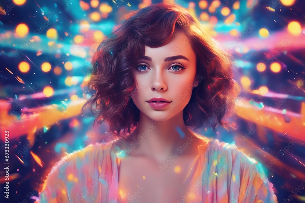 beautiful young woman in a colorful night club. 3d render beautiful young woman in a colorful night club. 3d render beautiful woman in neon lights. mixed media