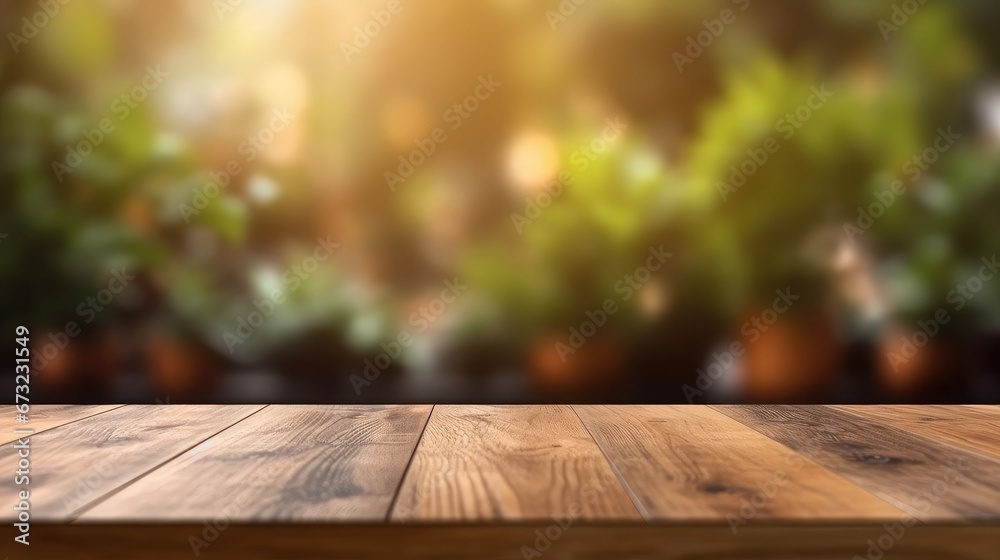 Beautiful blurred boreal forest background view with empty rustic wooden table for mockup product display. Beautiful blurred boreal forest background view with empty rustic wooden table for mockup product display.
