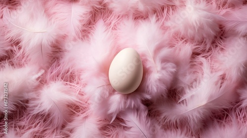 chicken egg lies in pink feathers.