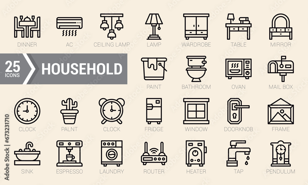 Fototapeta premium Set Of Household. Lineal Icons Pack. Vector Illustration.