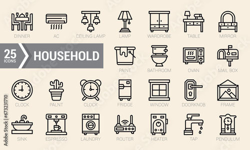 Set Of Household. Lineal Icons Pack. Vector Illustration.