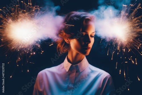 young pretty woman in casual wear with fireworks exploding young pretty woman in casual wear with fireworks exploding portrait of young woman with sparkler in front of her head on the background of li