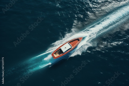 top-down sight of fast boat on water. Generative AI © Aradia