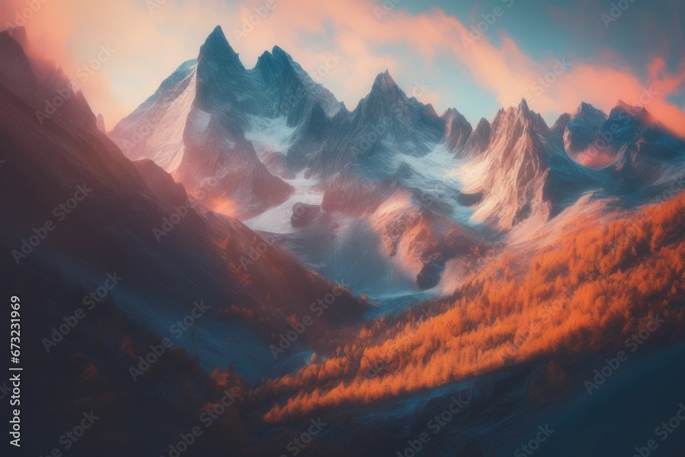 beautiful sunset in the mountains beautiful sunset in the mountains mountain landscape. mountain peaks with snow. colorful sunset.