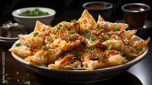 Fried Wontons with Chilli Flakes and Spring Onion on Selective Focus Background