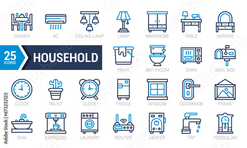 Set Of Household. Dual Tone Blue Icons Pack. Vector Illustration.