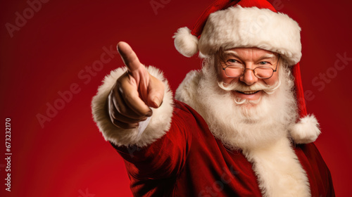 Santa Claus in his iconic red and white attire is joyfully pointing forward with a warm, inviting smile, embodying the spirit of Christmas.