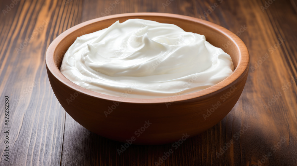 A luscious, smooth white cream is showcased in a wooden bowl, highlighting its glossy texture and rich consistency. A luscious, smooth white cream is showcased in a wooden bowl, highlighting its glossy texture and rich consistency.