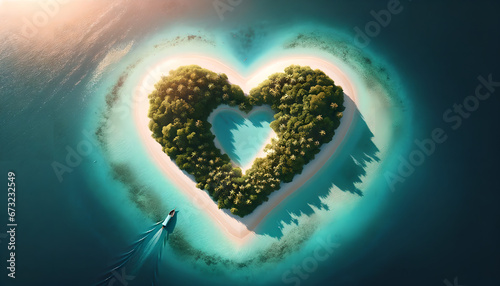 Island Love Aerial View: Heart-shaped island with turquoise waters and lush greenery, Romantic Getaway Concept Art, Generative AI