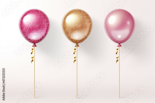 Set of three realistic ballons, pink and gold