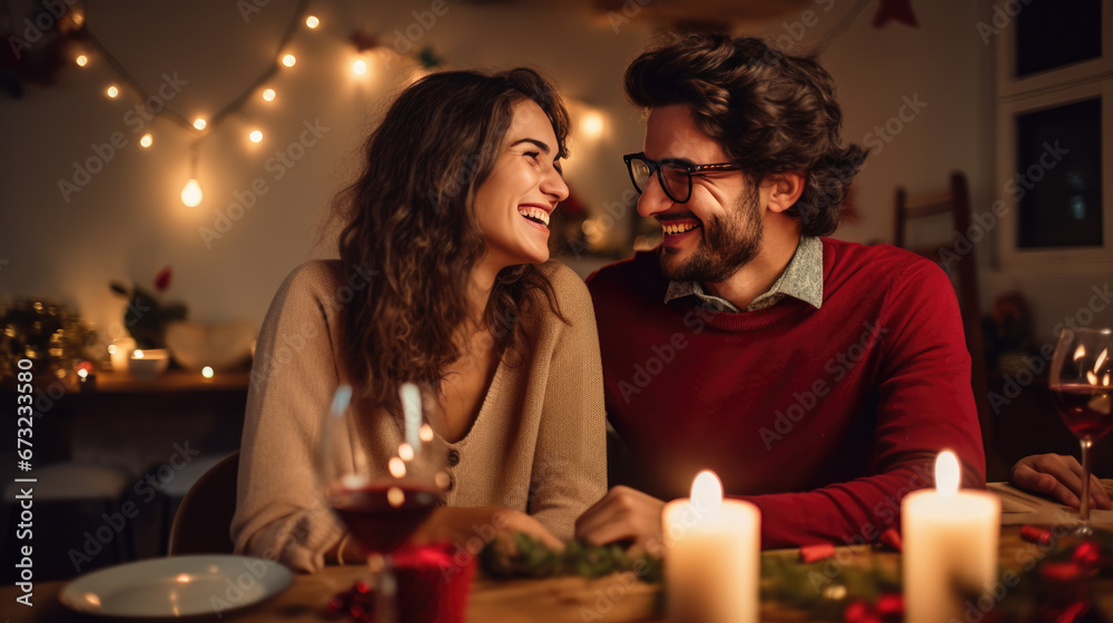 Smiling couple close together at a festive Christmas dinner setting, with lit candles and a decorated tree in the background, creating a warm and intimate atmosphere. Smiling couple close together at a festive Christmas dinner setting, with lit candles and a decorated tree in the background, creating a warm and intimate atmosphere.