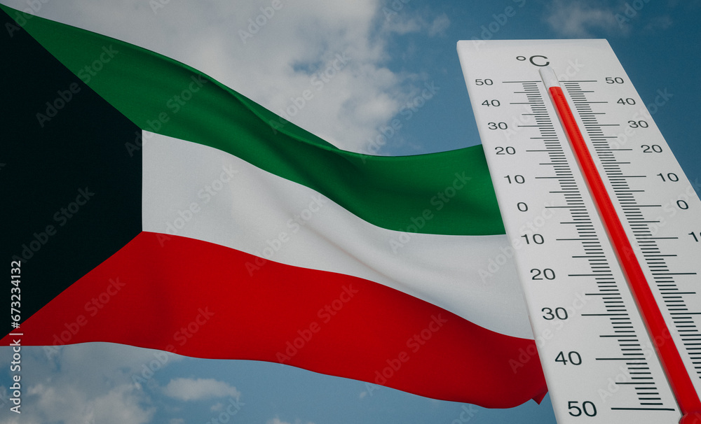 Heat wave in Kuwait, Thermometer in front of flag Kuwait and sky