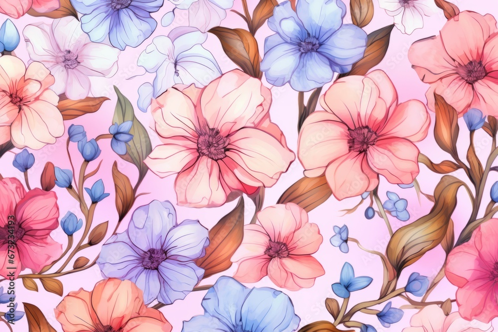Seamless pattern of flowers with pink blue and orange background. Pink flowers background. Seamless pattern of flowers with pink blue and orange background. Pink flowers background.