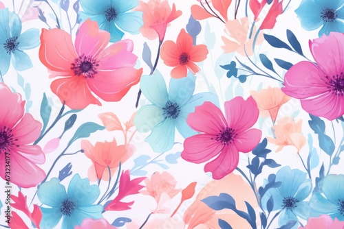 Seamless pattern of flowers with pink blue and orange background. Pink flowers background. 