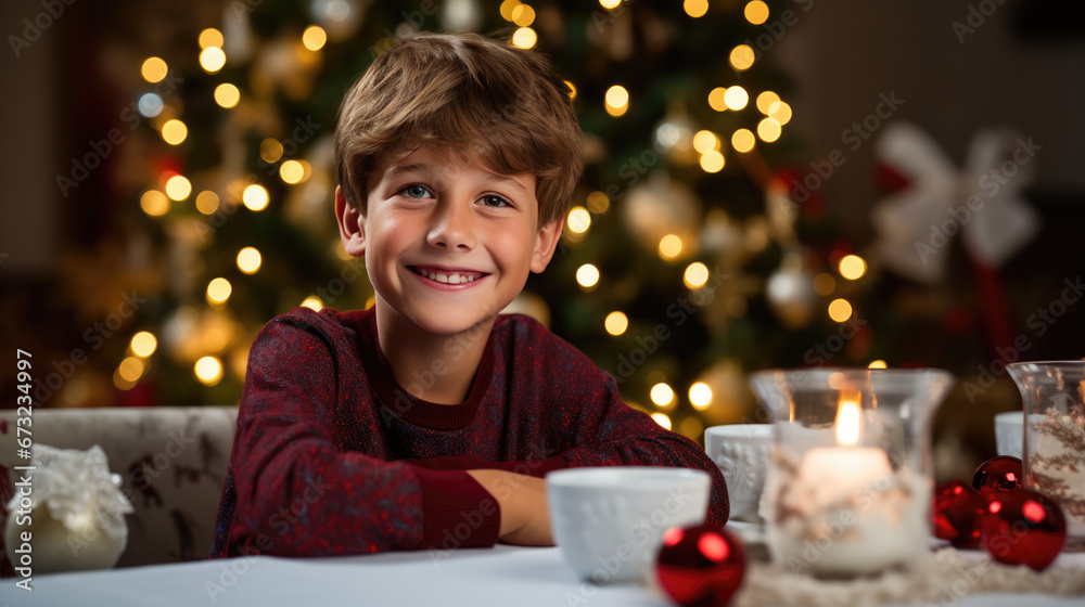 Cheerful boy in a red sweater is smiling at the Christmas dinner table, with lit candles and a decorated tree in the background, contributing to a festive atmosphere. Cheerful boy in a red sweater is smiling at the Christmas dinner table, with lit candles and a decorated tree in the background, contributing to a festive atmosphere.