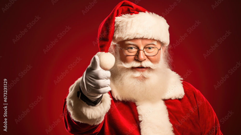 Naklejka premium A cheerful Santa Claus in his traditional red attire gives a thumbs-up, exuding the festive spirit of Christmas with his jolly smile and snowy white beard.