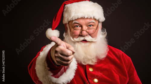 Santa Claus in his iconic red and white attire is joyfully pointing forward with a warm  inviting smile  embodying the spirit of Christmas.
