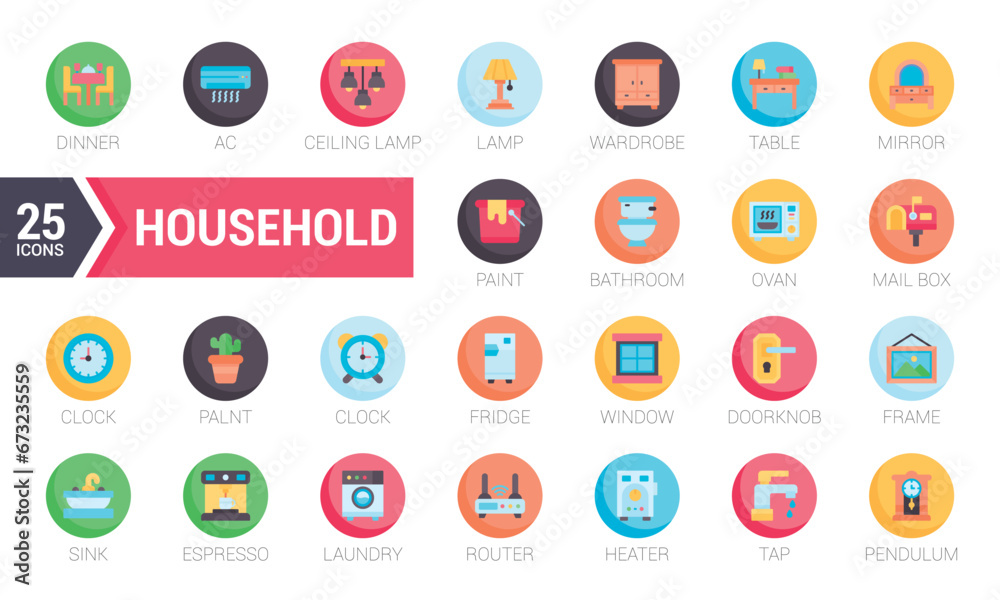 Set Of Household. Circle Flat Icons Pack. Vector Illustration. Set Of Household. Circle Flat Icons Pack. Vector Illustration.
